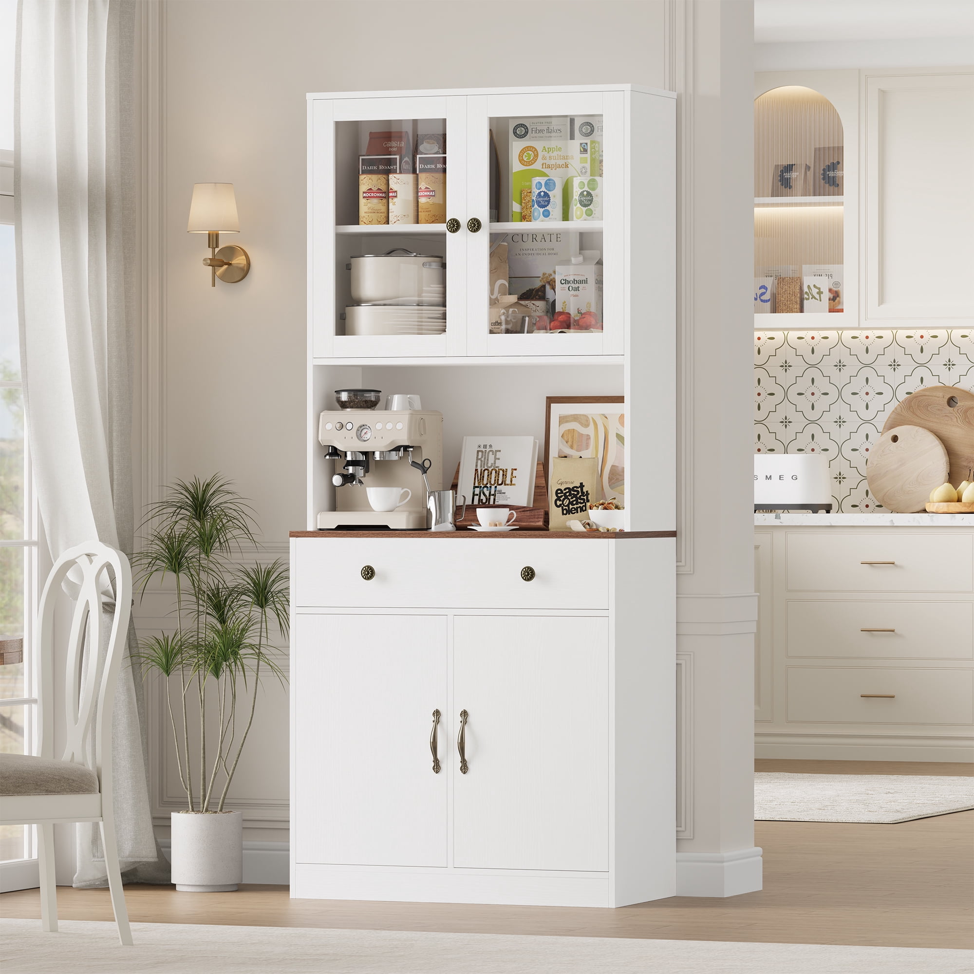 Homfa 71'' Kitchen Pantry Cabinet with Microwave Shelf & Drawer, 4 Doors Pantry Storage Cabinet with Adjustable Shelves for Dining Room, White