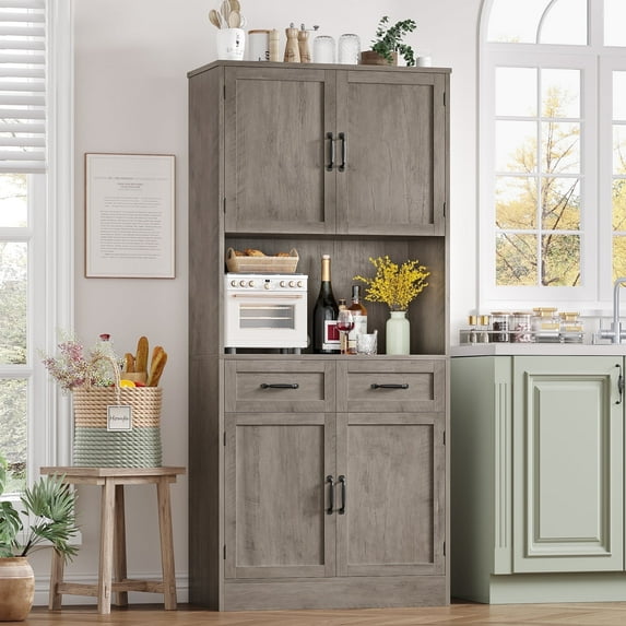Homfa 71" Tall Farmhouse Storage Cabinet, Kitchen Pantry with 2 Drawers and Adjustable Shelves, Gray