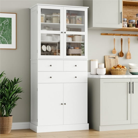 Homfa 71'' Kitchen Pantry with 5-Tier Shelves & 3 Drawers, Floor Cabinet Storage Cupboard With Display Glass Doors for Dining Room, White