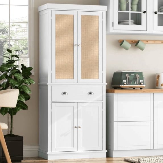 Homfa 72.4''H Tall Kitchen Pantry with 4 Doors, Large Drawer Storage Cabinet for Dining Room Living Room, White & Rattan