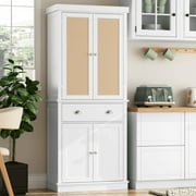 Homfa 72.4''H Tall Kitchen Pantry with 4 Doors, Large Drawer Storage Cabinet for Dining Room Living Room, White & Rattan