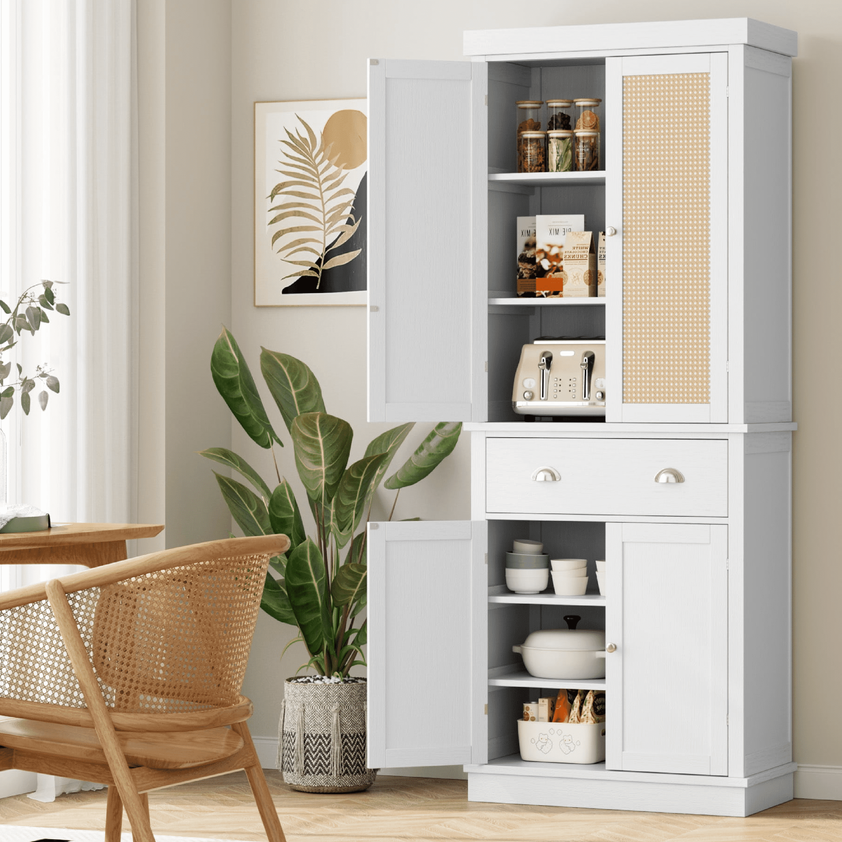 Homfa 72.4 H Tall Kitchen Pantry with 4 Doors Large Drawer Storage Cabinet for Dining Room Living Room White Rattan
