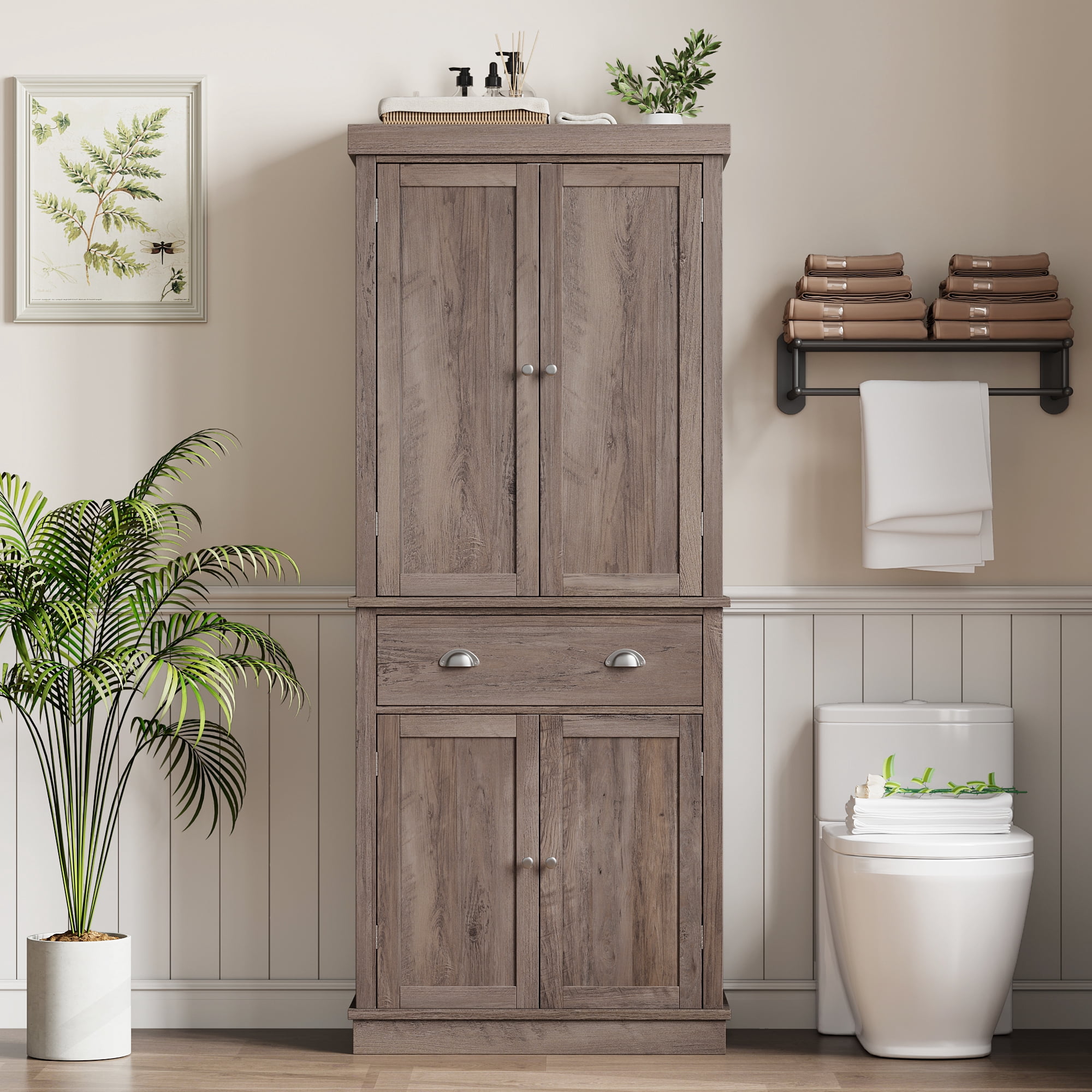 "Homfa Freestanding 72.4"" Tall Bathroom Storage Cabinet, 4 Door Modern ...