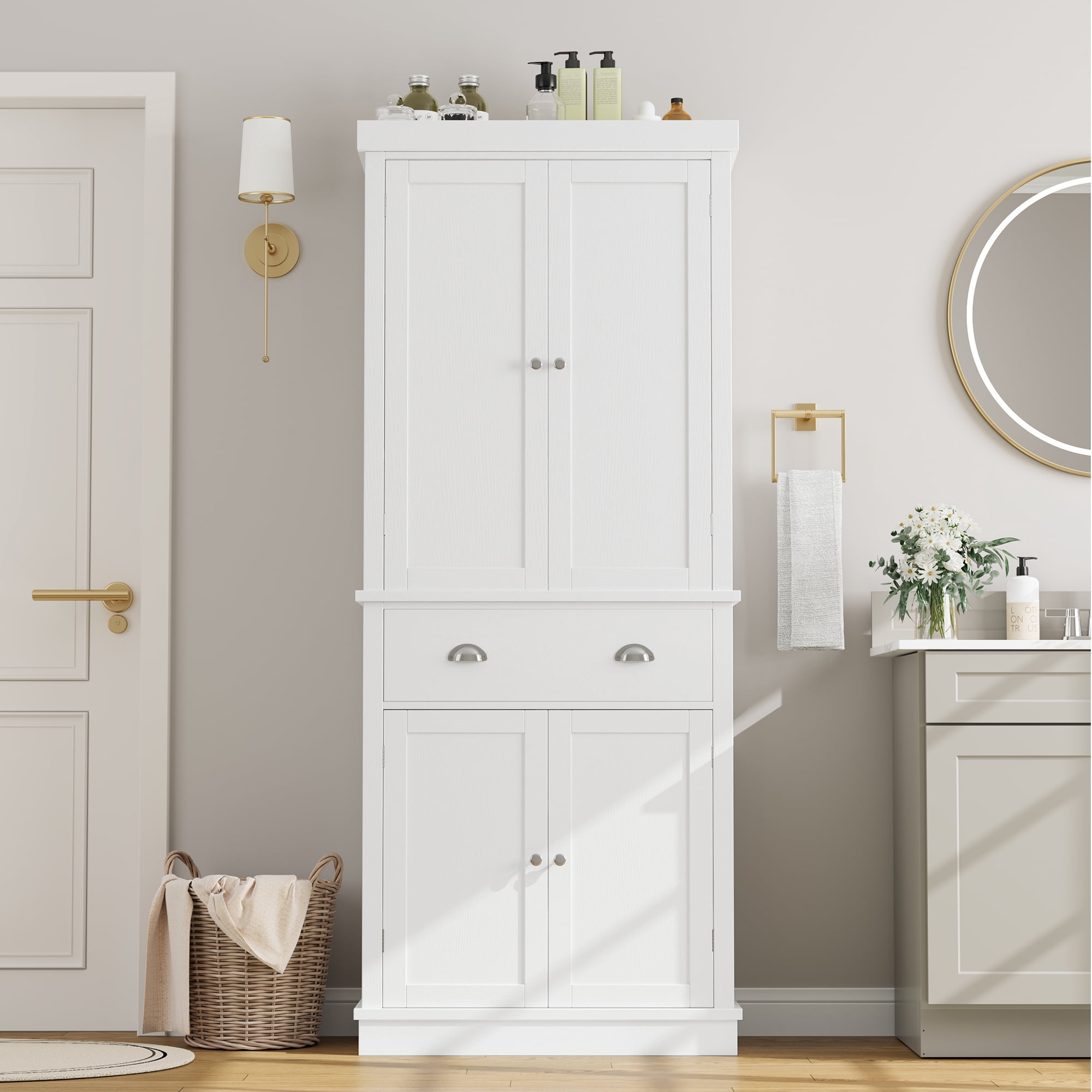 "Homfa 72.4"" White Cabinet, Bathroom Linen Tower, Drawer &amp; 4 Doors ...