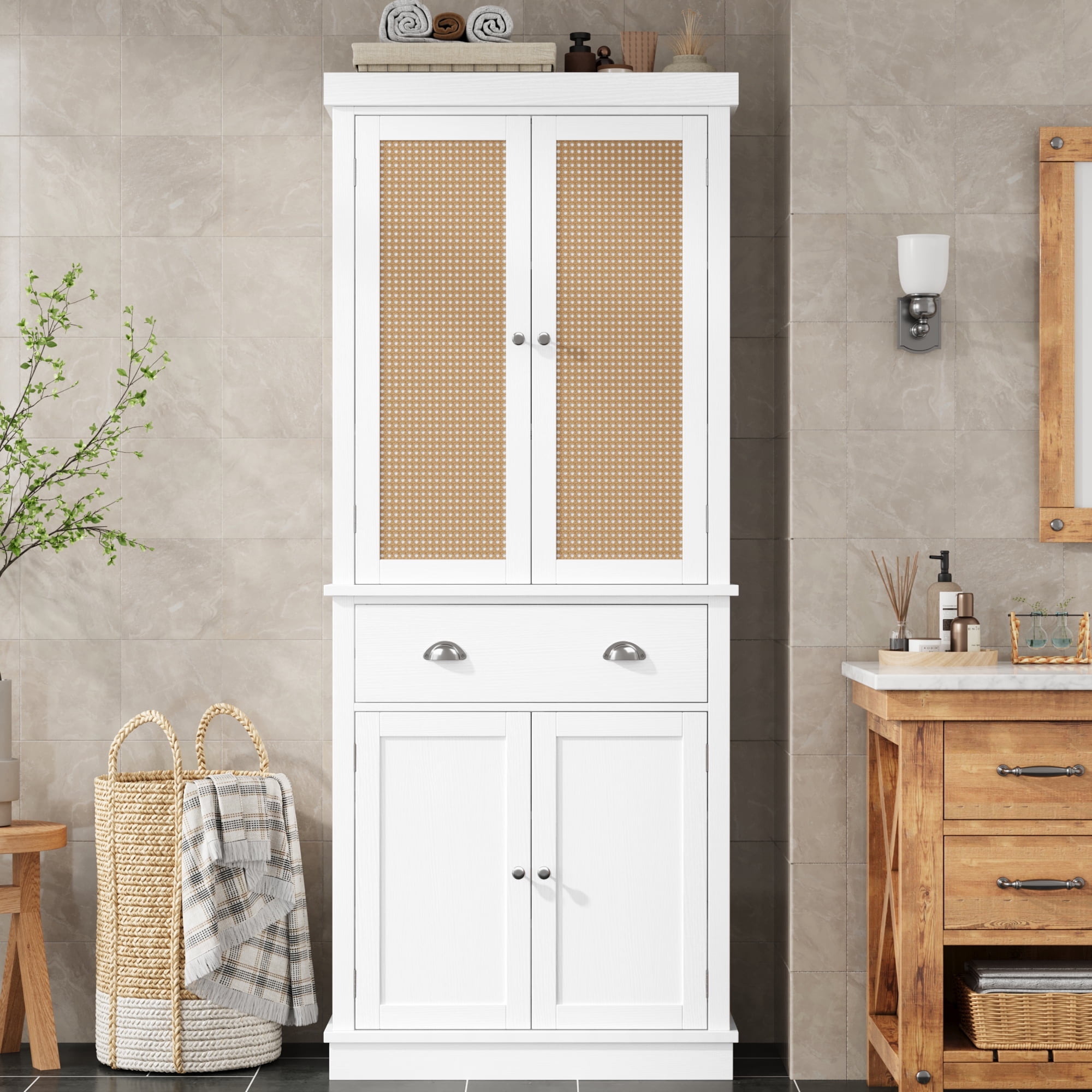 White wicker bathroom storage cabinet discount