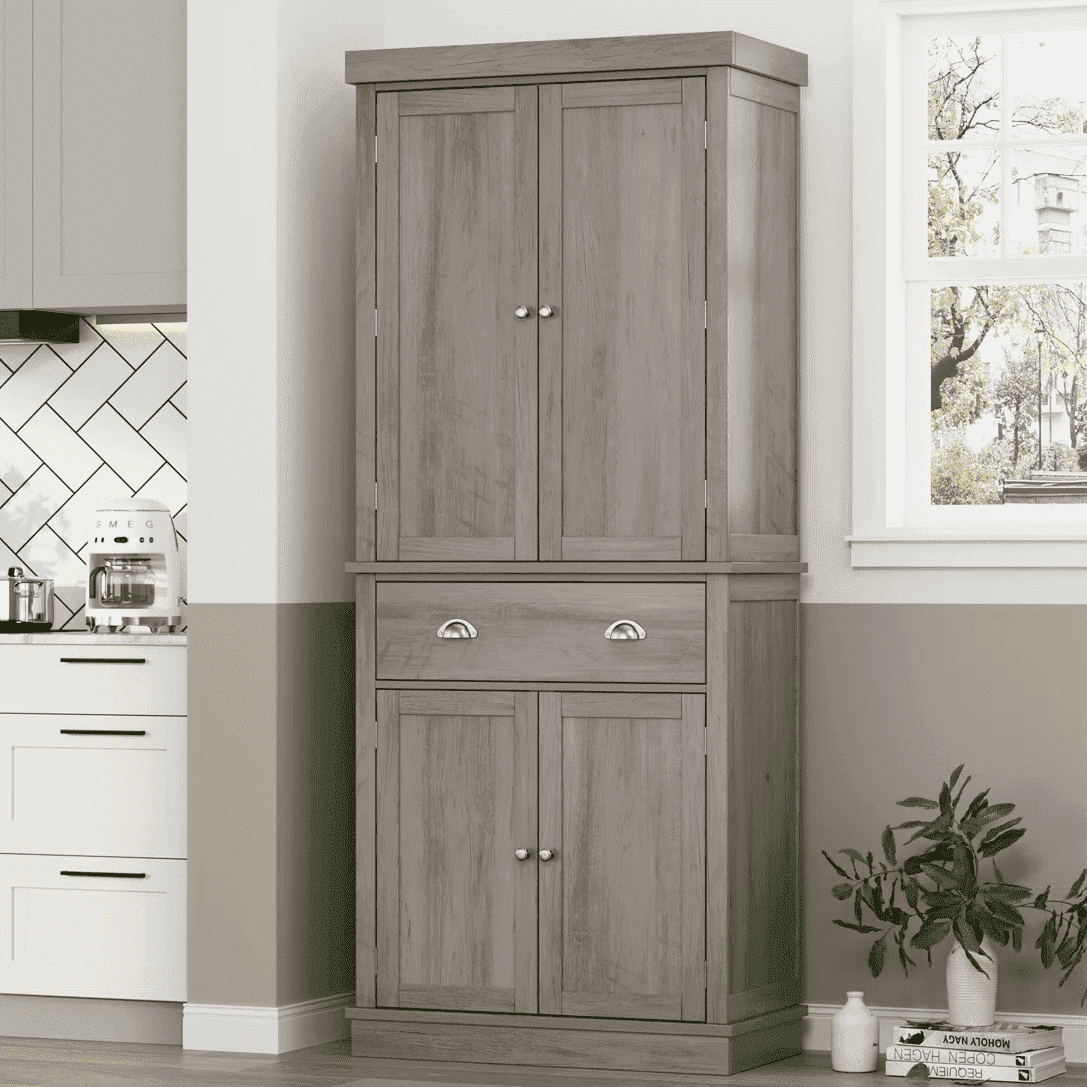 Homfa 72.4'' Tall Kitchen Pantry with 4 Doors, Large Drawer Storage Cabinet for Dining Room Living Room, Brown