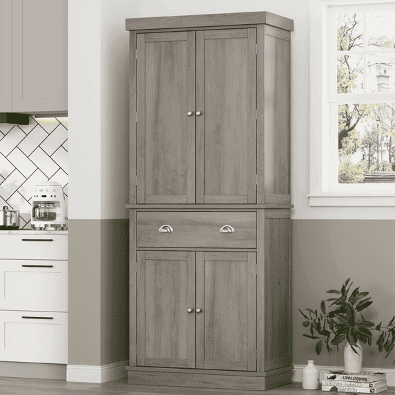 Homfa 72.4'' Tall Kitchen Pantry with 4 Doors, Large Drawer Storage Cabinet for Dining Room Living Room, Brown