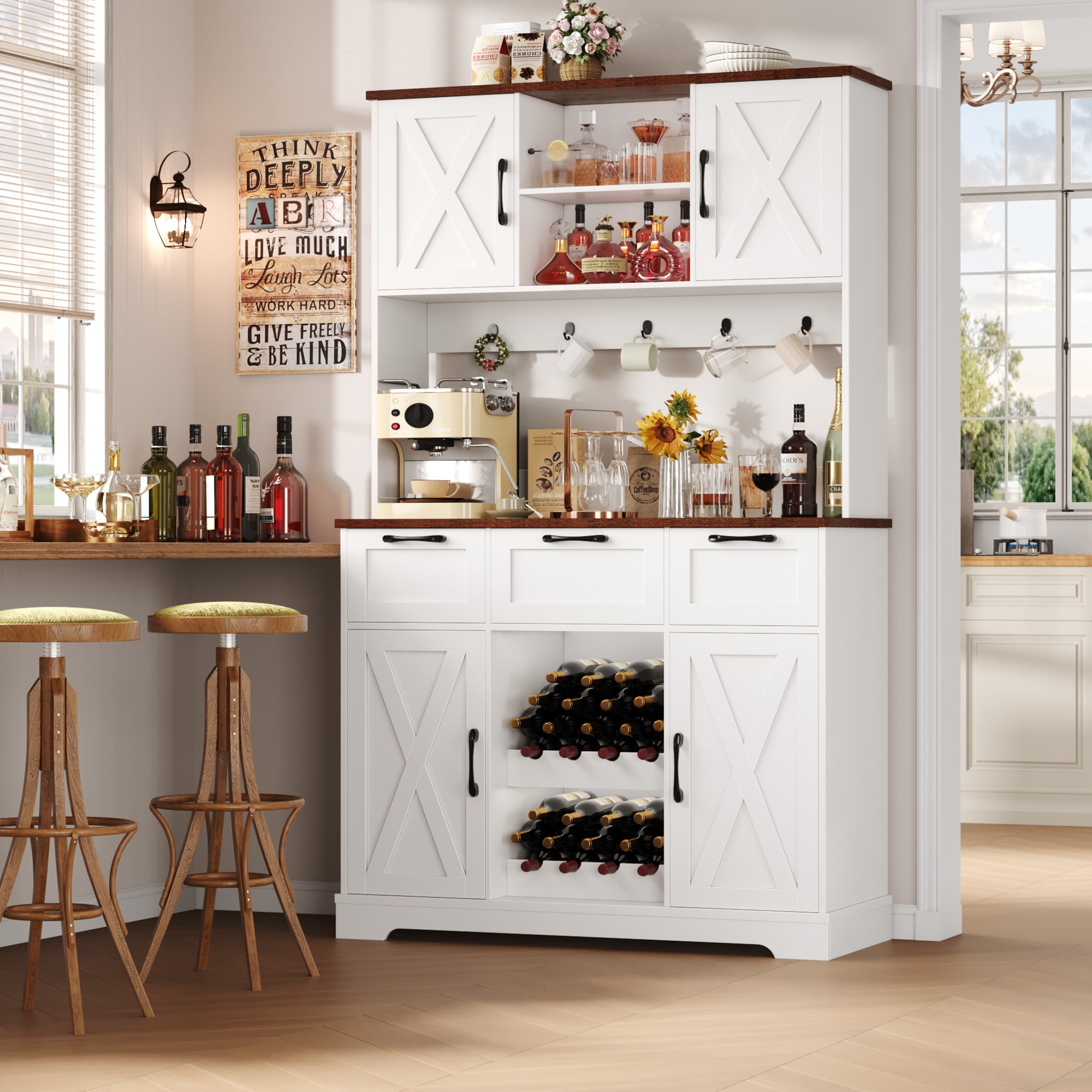 Homfa 71'' Tall Wine Bar Cabinet with Storage Hutch & 3 Drawers, Farmhouse Coffee Bar Cabinet Wine Rack with Adjustable Shelves for Kitchen Dining Room, White