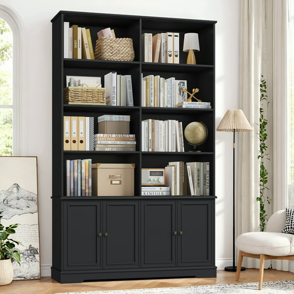 Homfa 73'' Bookcase and Bookshelves with Doors, Double Wide Wood Display Bookshelves for Living Room Home Office, Black