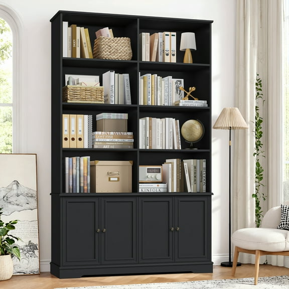 Homfa 73'' Bookcase and Bookshelves with Doors, Double Wide Wood Display Bookshelves for Living Room Home Office, Black