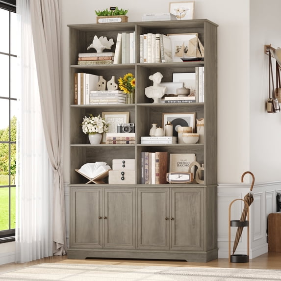 Homfa 73'' Tall Bookcase, 6-Tier 8 Cubes Display Bookshelf, 4 Doors Double Row Bookcase for Living Room Home Office, Gray