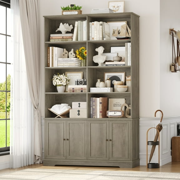 Homfa 73'' Tall Bookcase, 6-Tier 8 Cubes Display Bookshelf, 4 Doors Double Row Bookcase for Living Room Home Office, Gray