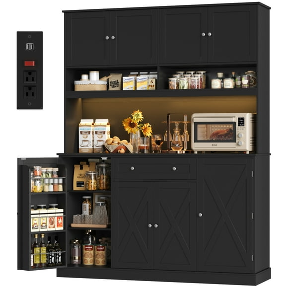 Homfa 72.8'' Tall Kitchen Pantry Cabinet with LED Lights & Charging Station, 8 Doors Storage Cabinet with Drawers & Shelves & Countertop, Kitchen Hutch with Adjustable Shelves for Dining Room, Black