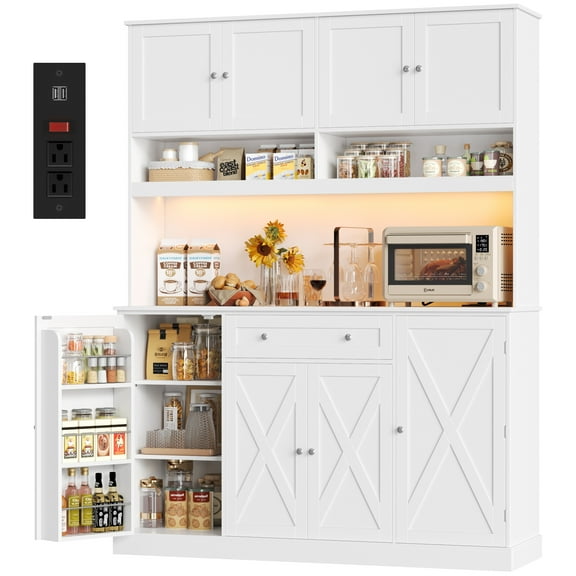 Homfa 72.8'' Tall Kitchen Pantry Cabinet with LED Lights & Charging Station, 8 Doors Storage Cabinet with Drawers & Shelves & Countertop, Kitchen Hutch with Adjustable Shelves for Dining Room, White