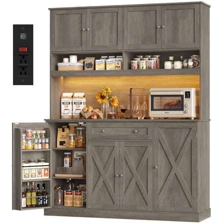Homfa 72.8'' Tall Kitchen Pantry Cabinet with LED Lights & Charging Station, 8 Doors Storage Cabinet with Drawers & Shelves & Countertop, Kitchen Hutch with Adjustable Shelves for Dining Room, Gray