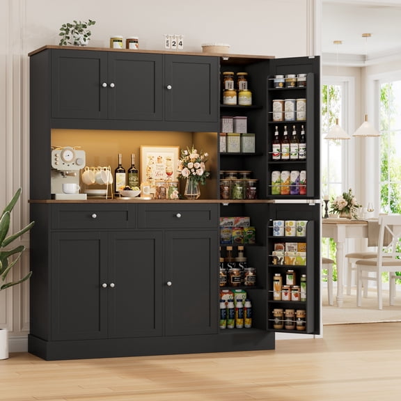 Homfa 72.8" Tall Kitchen Pantry Cabinet with LED & Charging Station, Modern Storage Cabinet with Drawers and Door Shelves, 8 Doors Freestanding Cupboard Buffet for Dining Room, Black