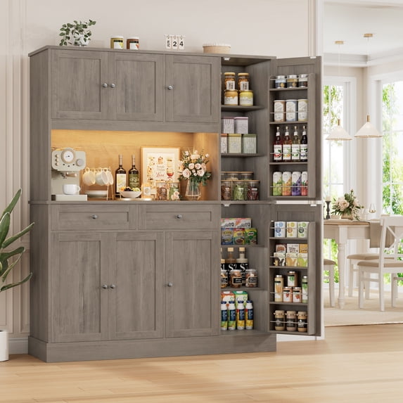 Homfa 72.8" Tall Kitchen Pantry Cabinet with LED & Charging Station, Modern Storage Cabinet with Drawers and Door Shelves, 8 Doors Freestanding Cupboard Buffet for Dining Room, Gray