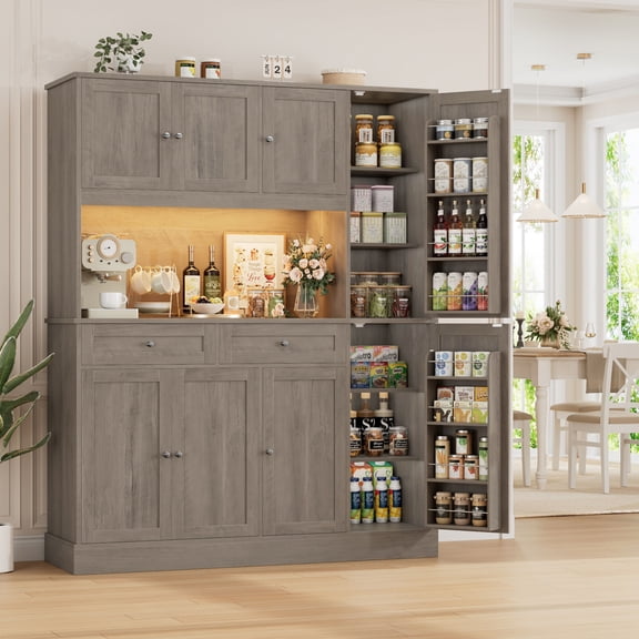 Homfa 72.8" Tall Kitchen Pantry Cabinet with LED & Charging Station, Modern Storage Cabinet with Drawers and Door Shelves, 8 Doors Freestanding Cupboard Buffet for Dining Room, Gray
