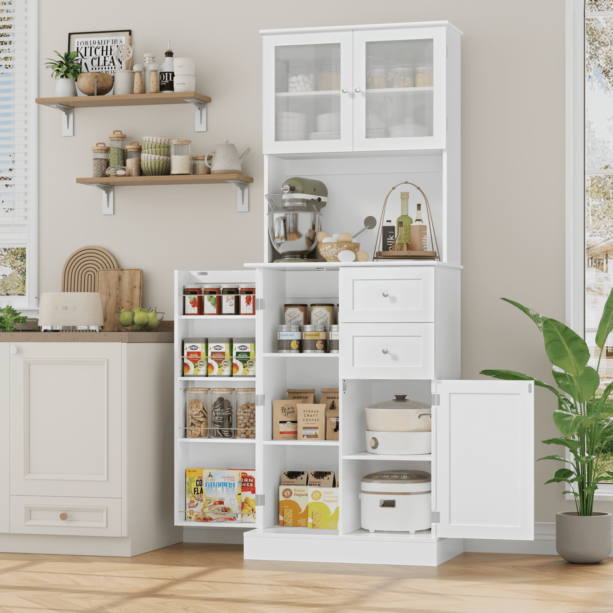 Homfa 72”H Pantry with Frosted Glass Doors, Buffet Hutch Cabinet with Shelves and Drawers for Kitchen Dining Room, White