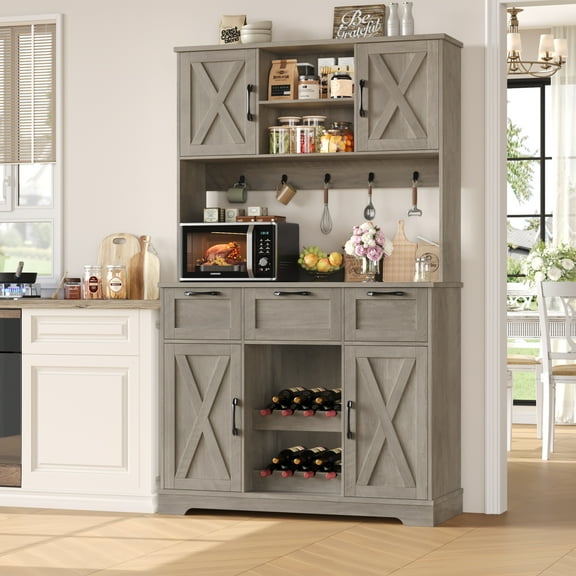 Homfa 72'' Kitchen Pantry Buffet Hutch, 4 Doors 3 Drawers Cupboard with Countertop & Adjustable Shelves, Farmhouse Storage Cabinet for Dining Room,Gray
