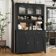 Homfa 72" Kitchen Pantry Hutch Cabinet with 2 Drawers, Microwave Storage Cabinet with Glass Doors and Adjustable Shelves, Black