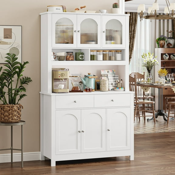Homfa 72" Kitchen Pantry Hutch Cabinet with 2 Drawers, Microwave Storage Cabinet with Glass Doors and Adjustable Shelves, White