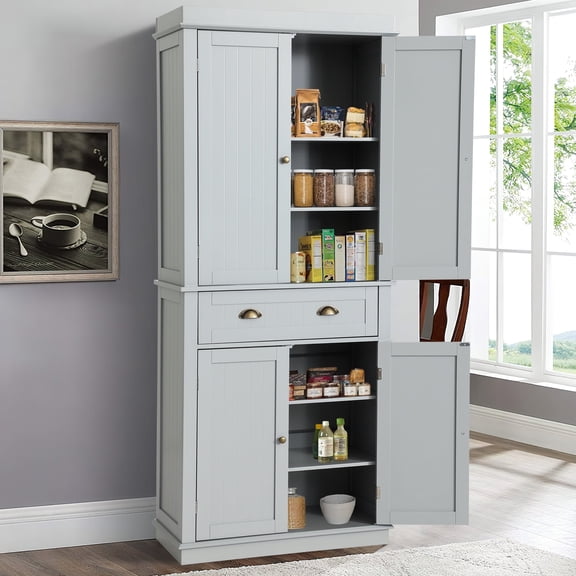KIGOTY 72'' Tall Kitchen Pantry with 4 Doors, Large Drawer,Adjustable Shelf, Pantry Storage Cabinet for Dining Room Living Room, Kitchen,Grey