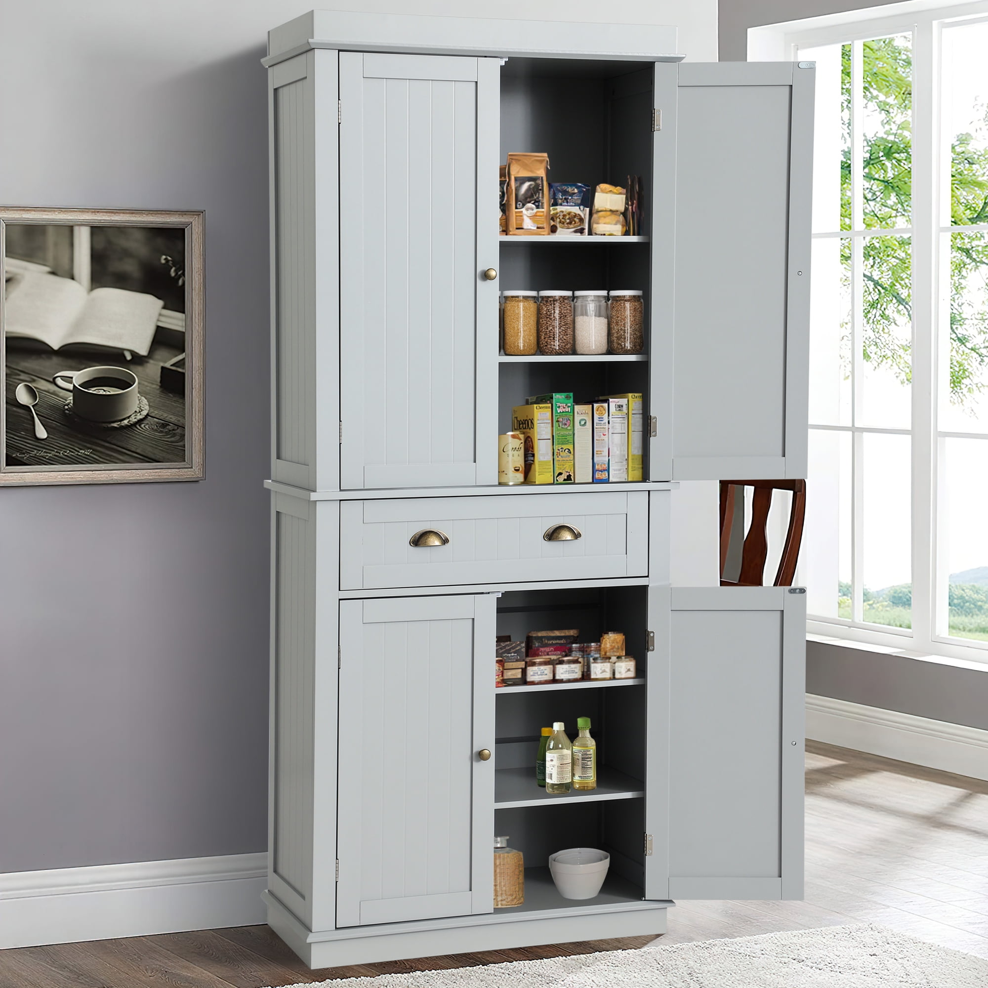 Homfa 72'' Tall Kitchen Pantry with 4 Doors, Large Drawer 6-Tier ...