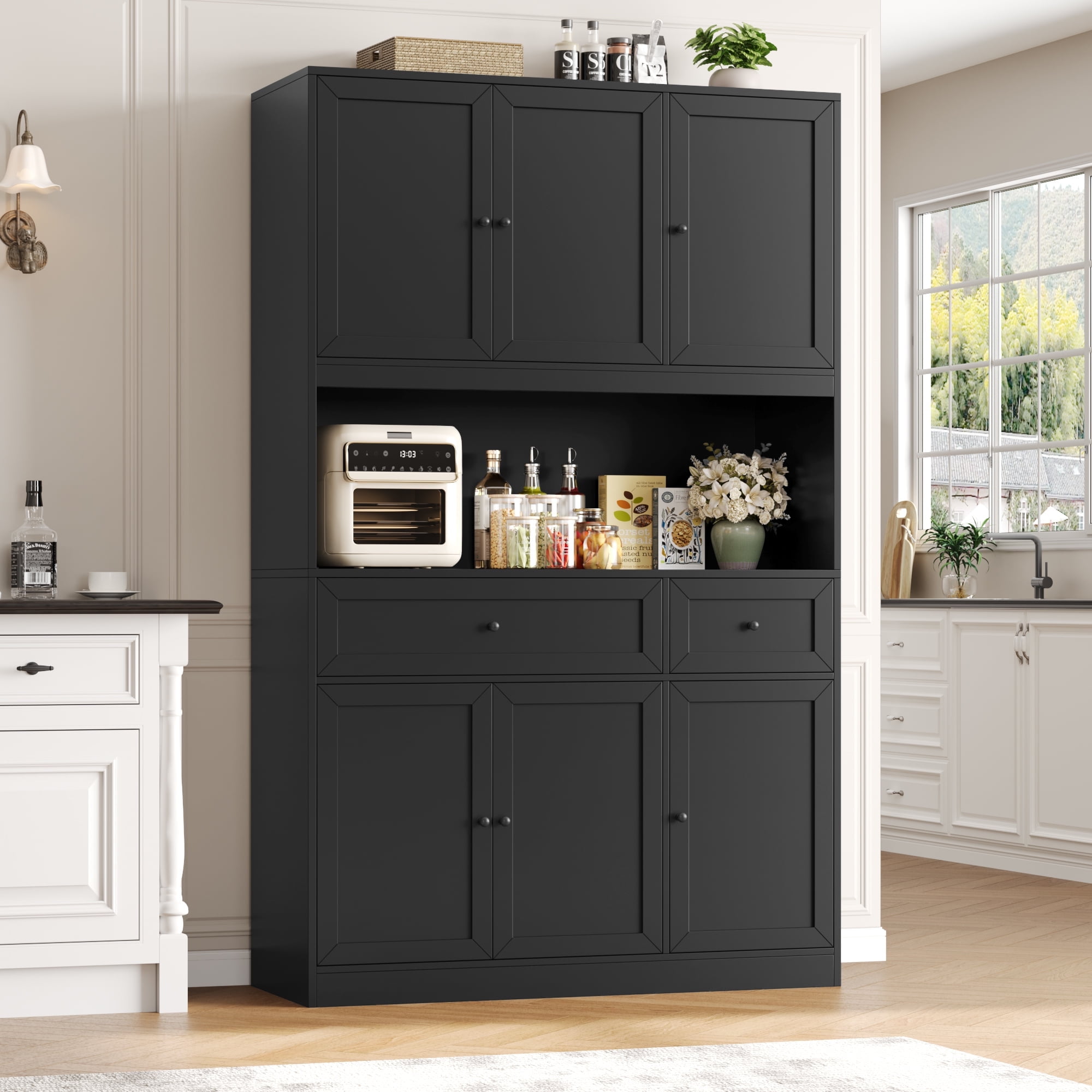 Homfa 72" Tall Kitchen Pantry with Microwave Shelf, Freestanding Kitchen Cupboard, Floor Cabinet for Dining Room, Black