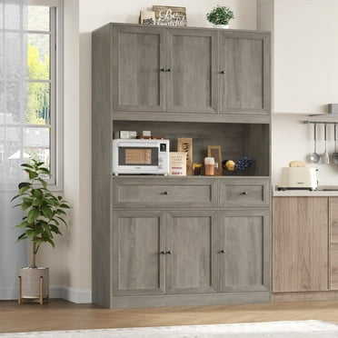 Homfa 72" Tall Kitchen Pantry with Microwave Shelf, Freestanding Kitchen Cupboard, Floor Cabinet for Dining Room, Wash Gray