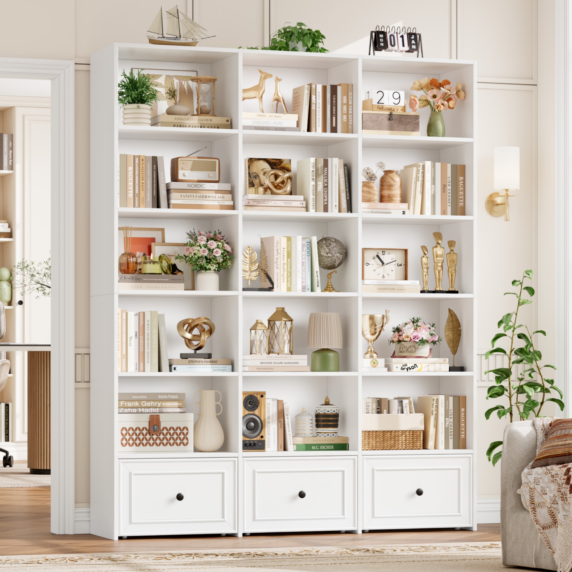 Homfa 72" Tall Triple Wide Bookshelf with Storage Drawers, 5-Tier Large Bookshelf with 15 Display Shelves for Living Room Home Office, White