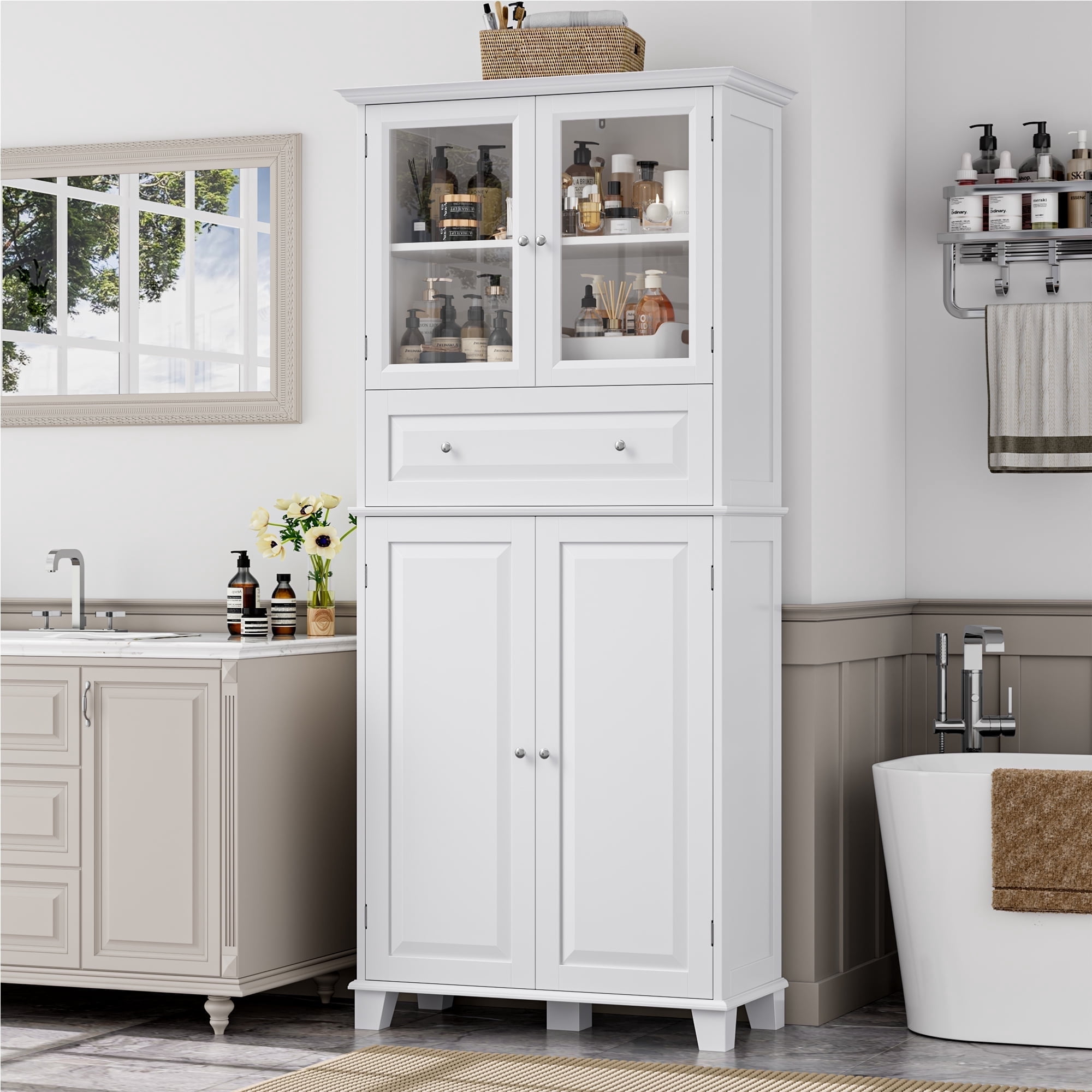 Homfa 73.8H Bathroom Storage Cabinet, 5 Tiers Wood Linen Cabinet with Glass Door, White