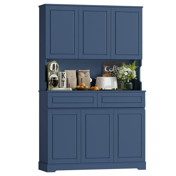 Homfa 73.8”H Pantry Cabinet with 6 Doors and 2 Drawers, Microwave Stand Storage Cabinet with Grooved Handles and Adjustable Shelf for Kitchen Dining Room, Deep Blue