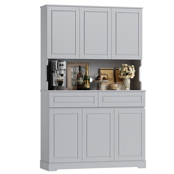 Homfa 73.8”H Pantry Cabinet with 6 Doors and 2 Drawers, Microwave Stand Storage Cabinet with Grooved Handles and Adjustable Shelf for Kitchen Dining Room, Silver Gray