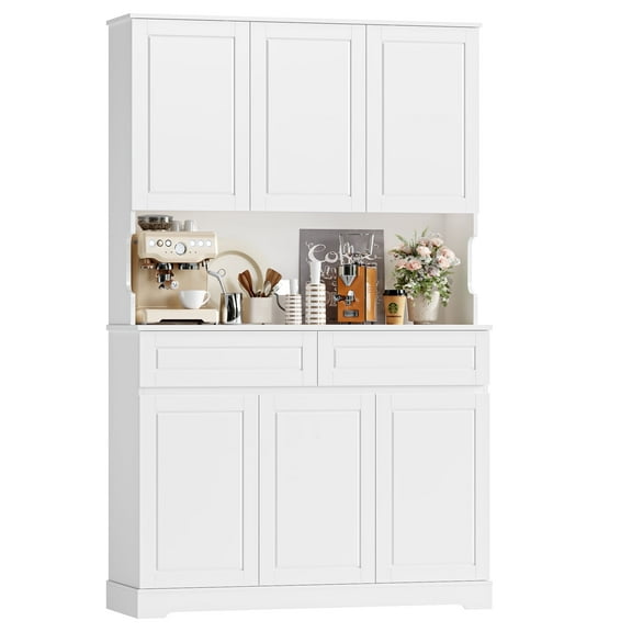 Homfa 73.8”H Pantry Cabinet with 6 Doors and 2 Drawers, Microwave Stand Storage Cabinet with Grooved Handles and Adjustable Shelf for Kitchen Dining Room, White