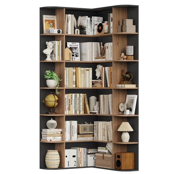 Homfa 73.9” Tall Corner Bookcase, 6 Tier L-Shaped Large Display Bookshelf with Curved Edges for Living Room Home Office Study, Black & Oak