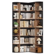 Homfa 73.9  Tall Corner Bookcase, 6 Tier L-Shaped Large Display Bookshelf with Curved Edges for Living Room Home Office Study, Black & Oak