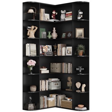 Tall Corner Bookshelf - 5/6/7-Shelf L-Shaped Wooden Storage Case Modern Display Shelf For Living Room Bedroom Kitchen Home Office - White
