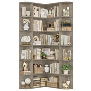 Homfa 73.9  Tall Corner Bookshelf, 6 Tier L-Shaped Large Display Bookcase with Curved Edges for Living Room Home Office Study, Gray