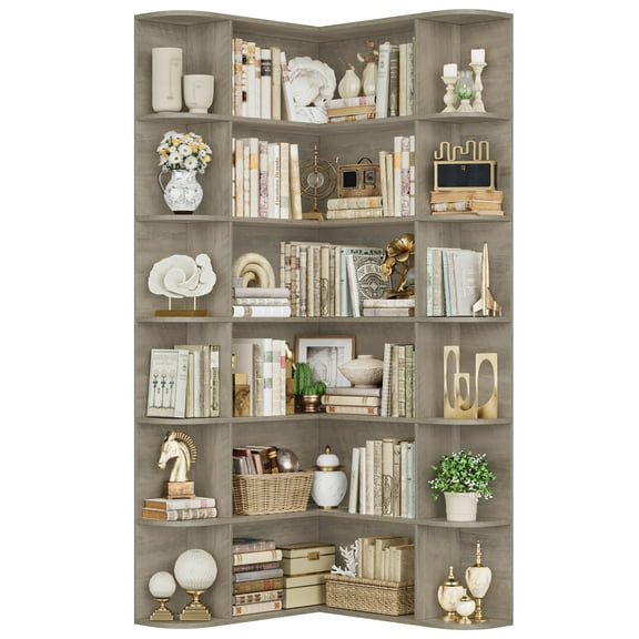 Homfa 73.9” Tall Corner Bookshelf, 6 Tier L-Shaped Large Display Bookcase with Curved Edges for Living Room Home Office Study, Gray