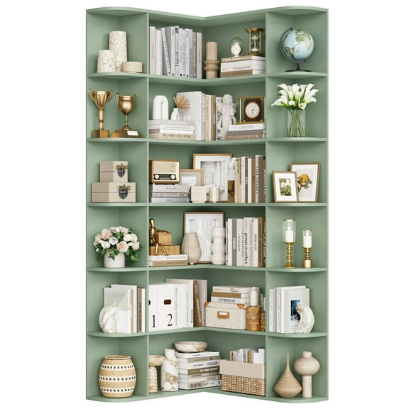 Homfa 73.9” Tall Corner Bookcase, 6 Tier L-Shaped Large Display Bookshelf with Curved Edges for Living Room Home Office Study, Green