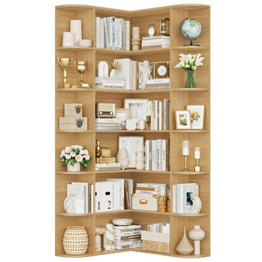Homfa 73.9” Tall Corner Bookcase, 6 Tier L-Shaped Large Display Bookshelf with Curved Edges for Living Room Home Office Study, Natural Wood Color