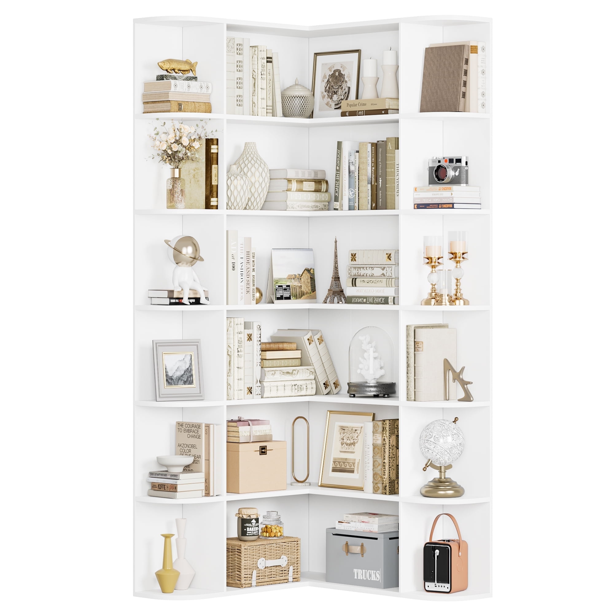 Homfa 73.9” Tall Corner Bookshelf, 6 Tier L-Shaped Large Display Bookcase with Curved Edges for Living Room Home Office Study, White