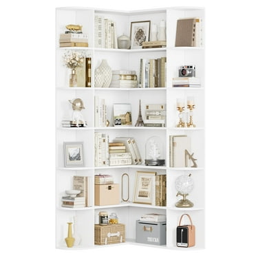 Homfa 73.9” Tall Corner Bookshelf, 6 Tier L-Shaped Large Display Bookcase with Curved Edges for Living Room Home Office Study, White