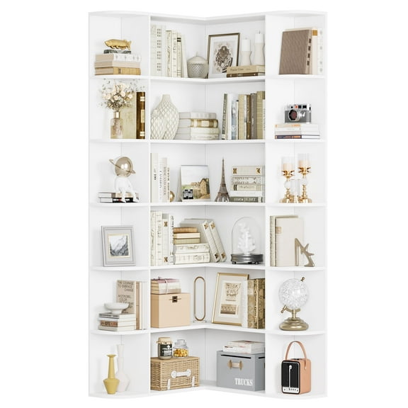 Homfa 73.9” Tall Corner Bookcase, 6 Tier L-Shaped Large Display Bookshelf with Curved Edges for Living Room Home Office Study, White