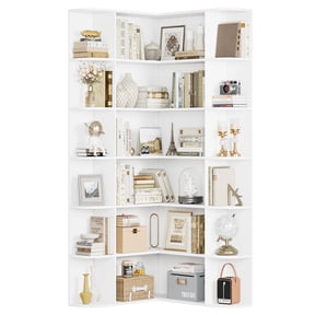 Homfa 73.9” Tall Corner Bookcase, 6 Tier L-Shaped Large Display Bookshelf with Curved Edges for Living Room Home Office Study, White