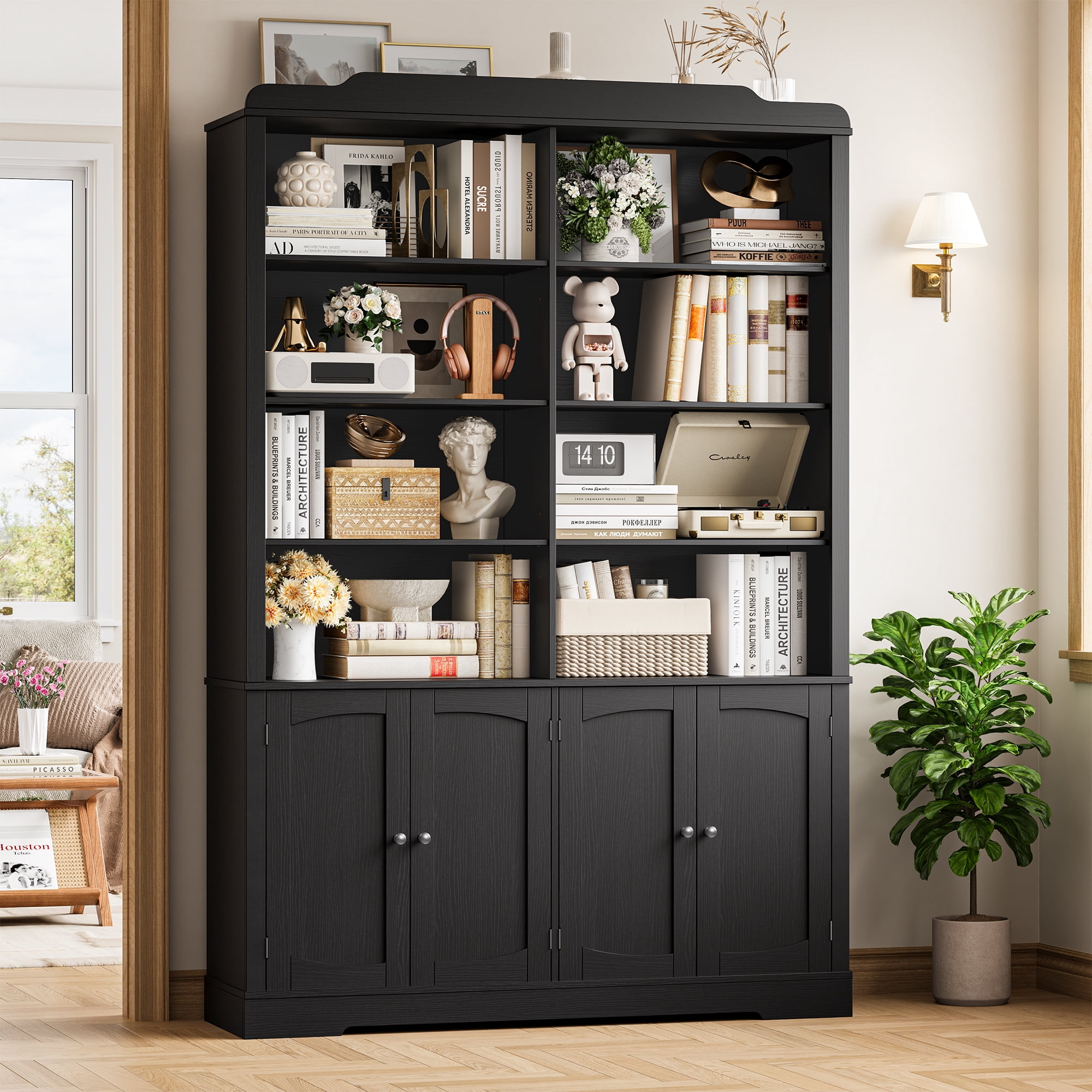 Homfa 73'' Tall Bookcase with 4 Doors, 6-Tier 8 Cubes Display Bookshelf, Double Row Bookcase with Adjustable Shelves for Living Room Home Office, Black