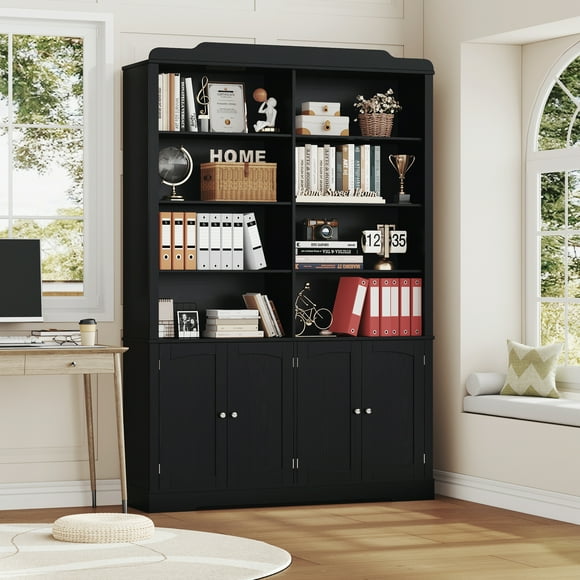 Homfa 73'' Double Wide 6-Tier 4 Doors Bookcase,8 Cubes Wood Display Bookshelves with Adjustable Shelves for Home Office, Black