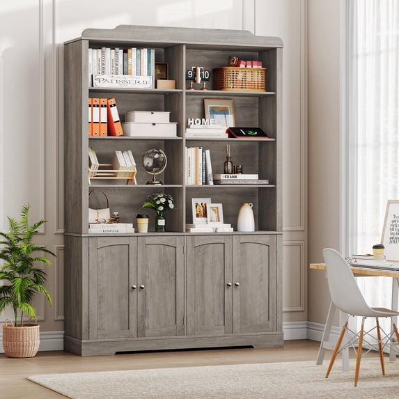 Homfa 73'' Tall Bookcase with 4 Doors, 6-Tier 8 Cubes Display Bookshelf, Double Row Bookcase with Adjustable Shelves for Living Room Home Office, Gray