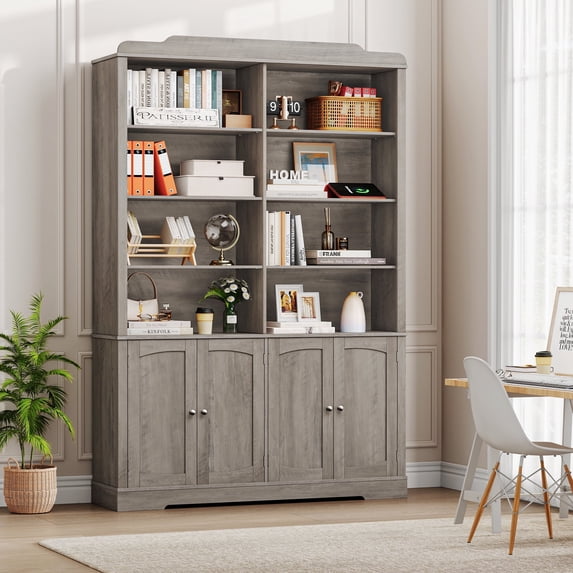 Homfa 73'' Tall Bookcase with 4 Doors, 6-Tier 8 Cubes Display Bookshelf, Double Row Bookcase with Adjustable Shelves for Living Room Home Office, Gray
